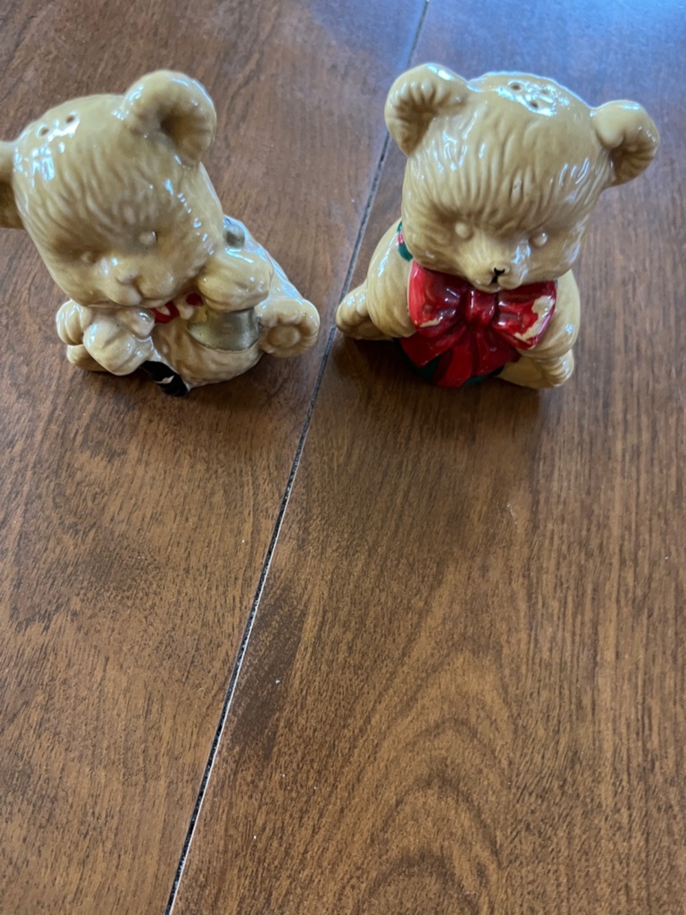 Ceramic Beige Holiday Bear Salt and Pepper Shakers with Red Bow